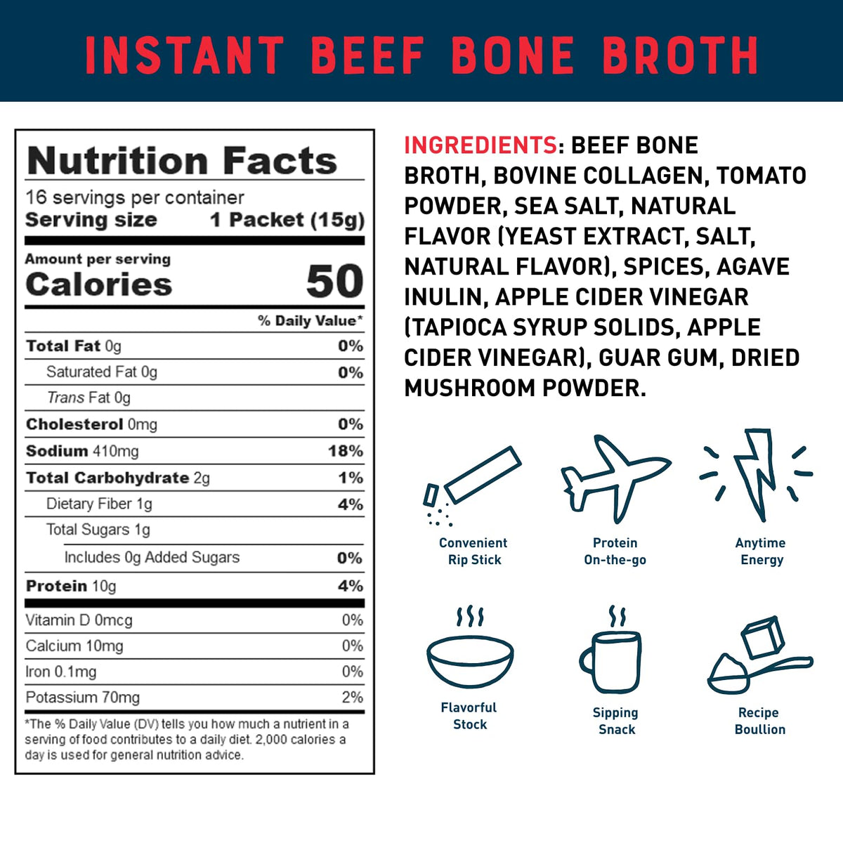 Bare Bones Beef Bone Broth Instant Packets – 5g Collagen, 10g Protein, Keto & Paleo Friendly | 16 Pack