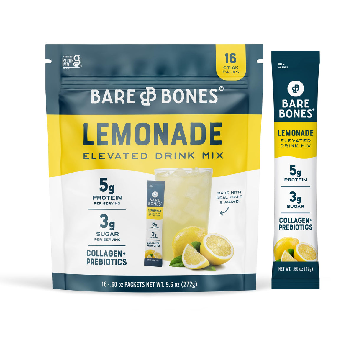 Bare Bones Lemonade Elevated Drink Mix - Light, Flavorful & Gluten-Free | Naturally Sweetened, On-the-Go Sticks, 16 Packets, 5g Protein