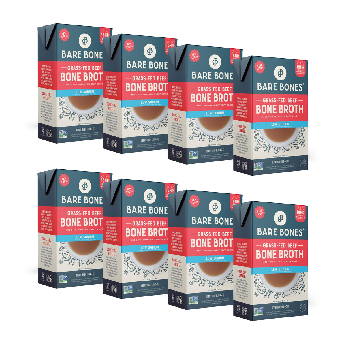 Bare Bones Low Sodium Grass-Fed Beef Bone Broth | 16oz, 8 Pack