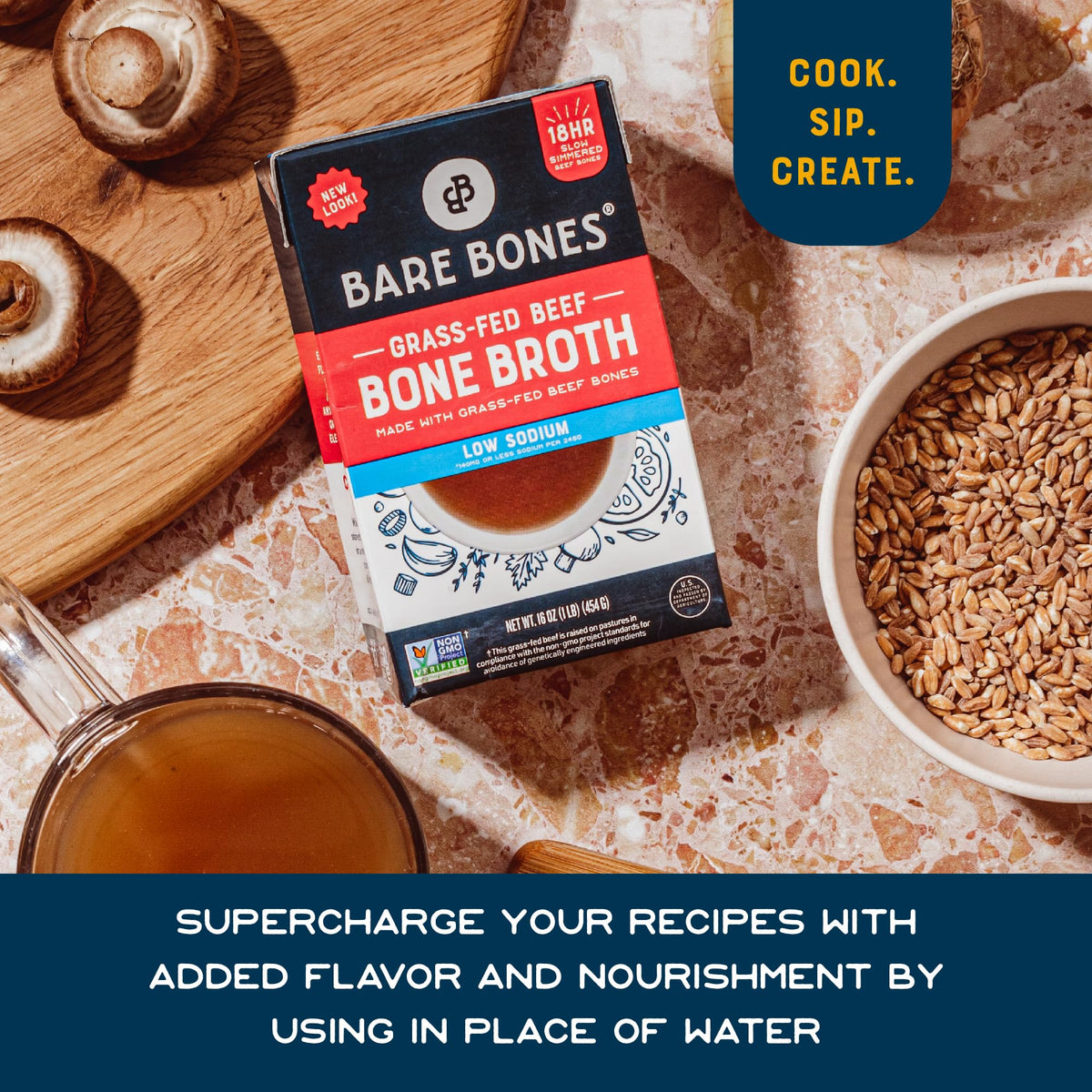 Bare Bones Low Sodium Grass-Fed Beef Bone Broth | 16oz, 8 Pack