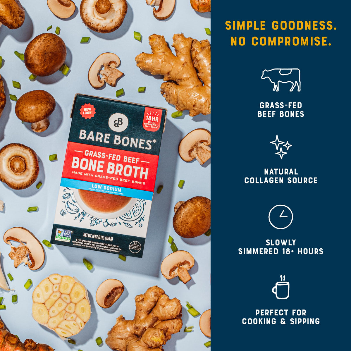 Bare Bones Low Sodium Grass-Fed Beef Bone Broth | 16oz, 8 Pack