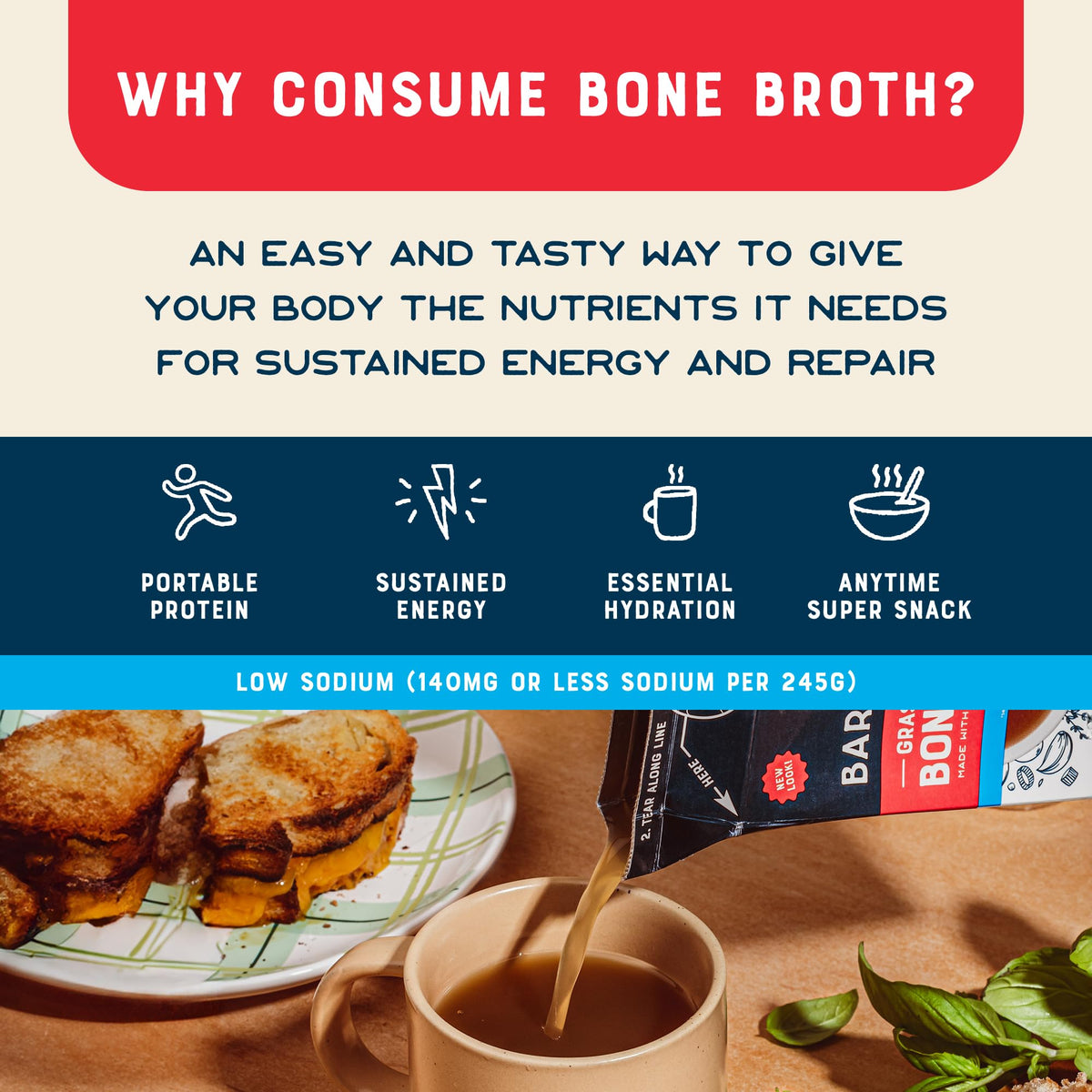 Bare Bones Low Sodium Grass-Fed Beef Bone Broth | 16oz, 8 Pack