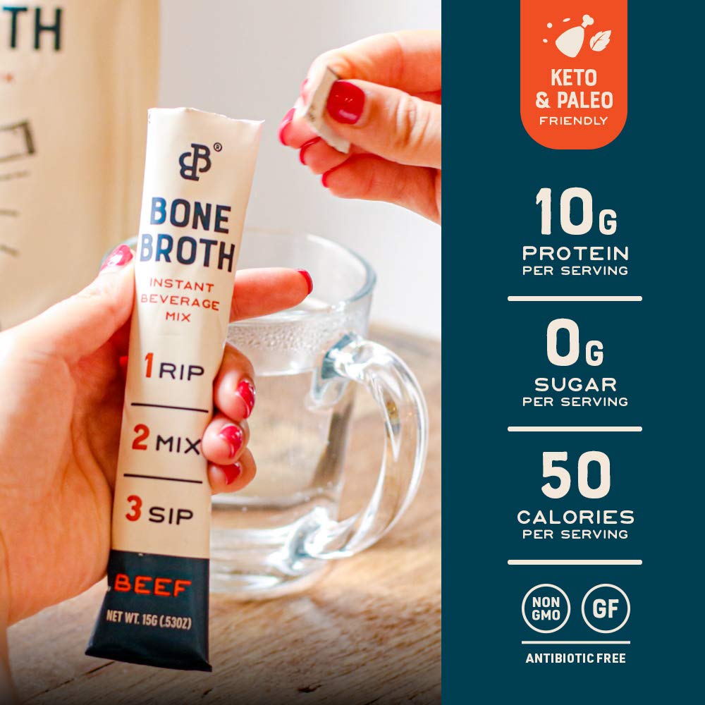 Bare Bones Beef Bone Broth Instant Powder Packets — 32 Pack, Grass-Fed, Keto & Paleo Friendly, 10g Protein per Stick