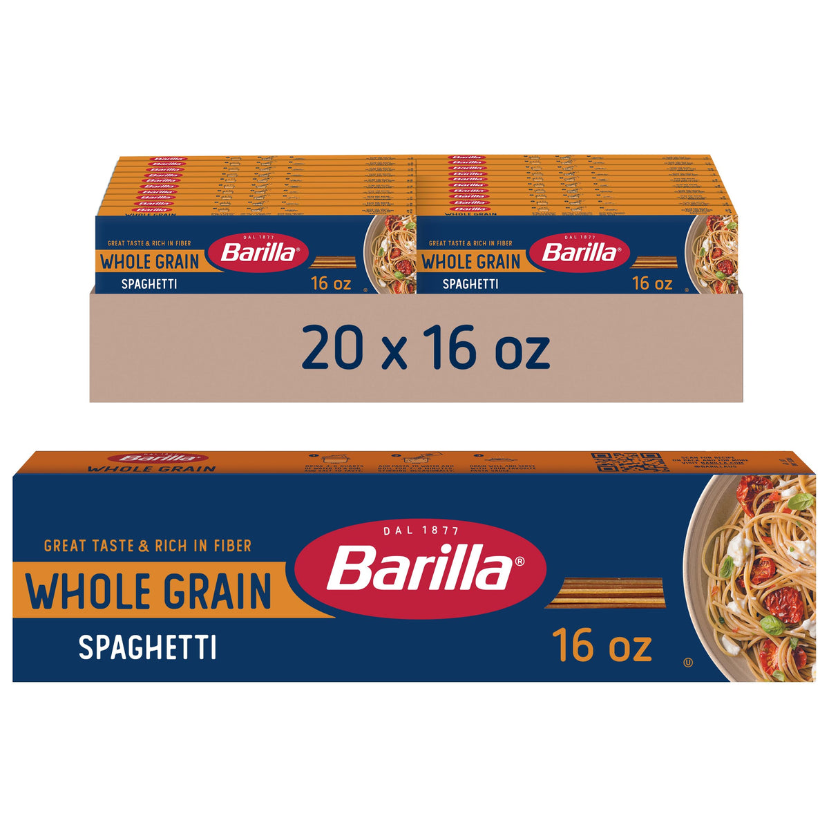 Barilla Whole Grain Spaghetti Pasta – 20-Pack, 100% Whole Durum Wheat, Non-GMO, 3g Fiber per Serving