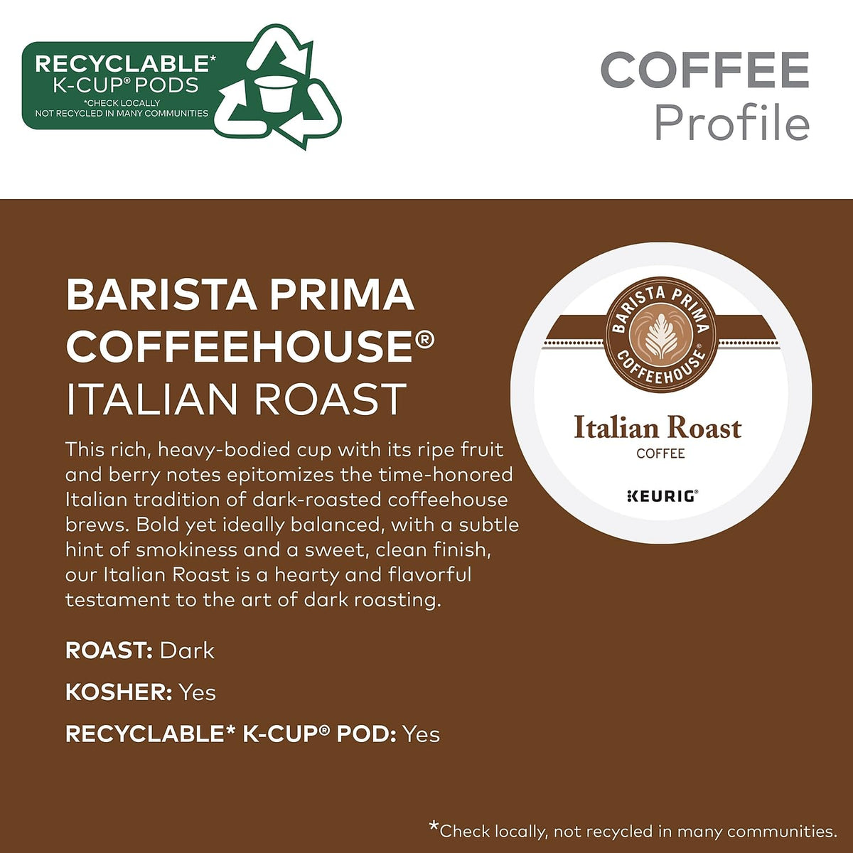 Barista Prima Italian Roast Coffee K-Cup Pods – Dark Roast, 96/Carton | Keurig Compatible