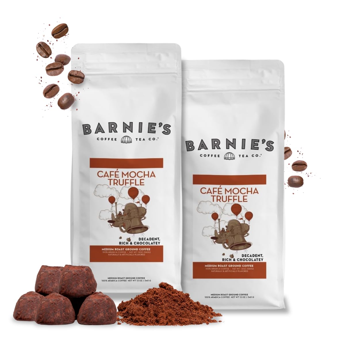 Barnie's Café Mocha Truffle Ground Coffee - Medium Roast, Sugar Free & Nut Free (2x12 oz)