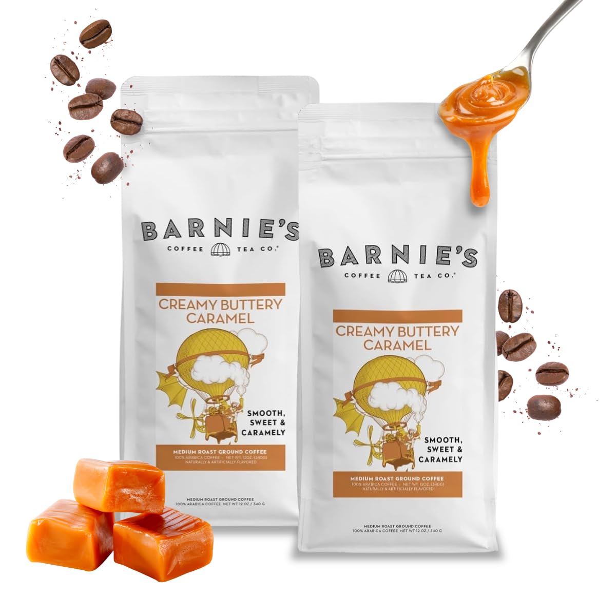 Barnie's Coffee Creamy Buttery Caramel Ground Coffee – Medium Roast Arabica, Gluten & Nut Free, Pack of 2
