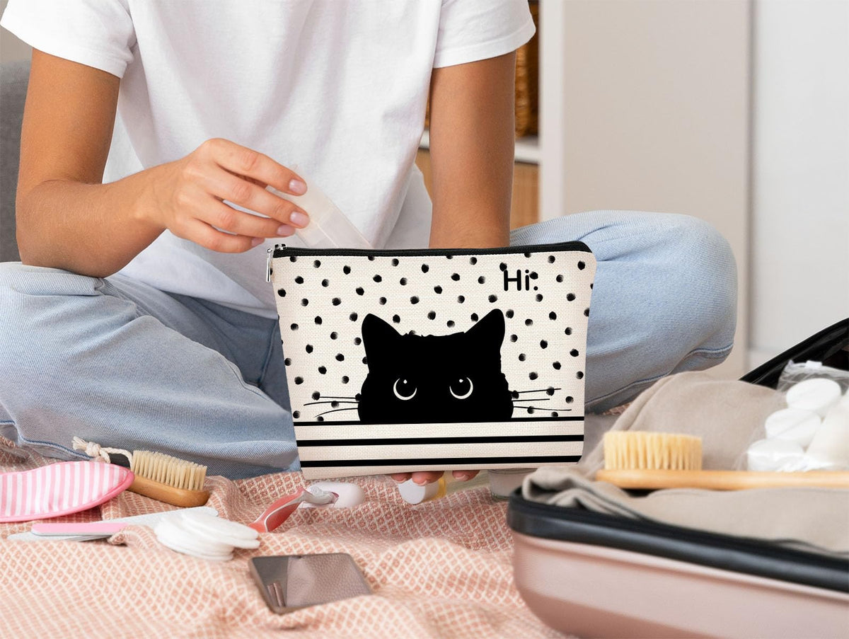BARPERY Cat Makeup Bag - Black Cat Purse, Small Cute Makeup Bag Cosmetic Bag For Women & Teen Girls, Cat Lady Gifts For Women (Polka Dot)