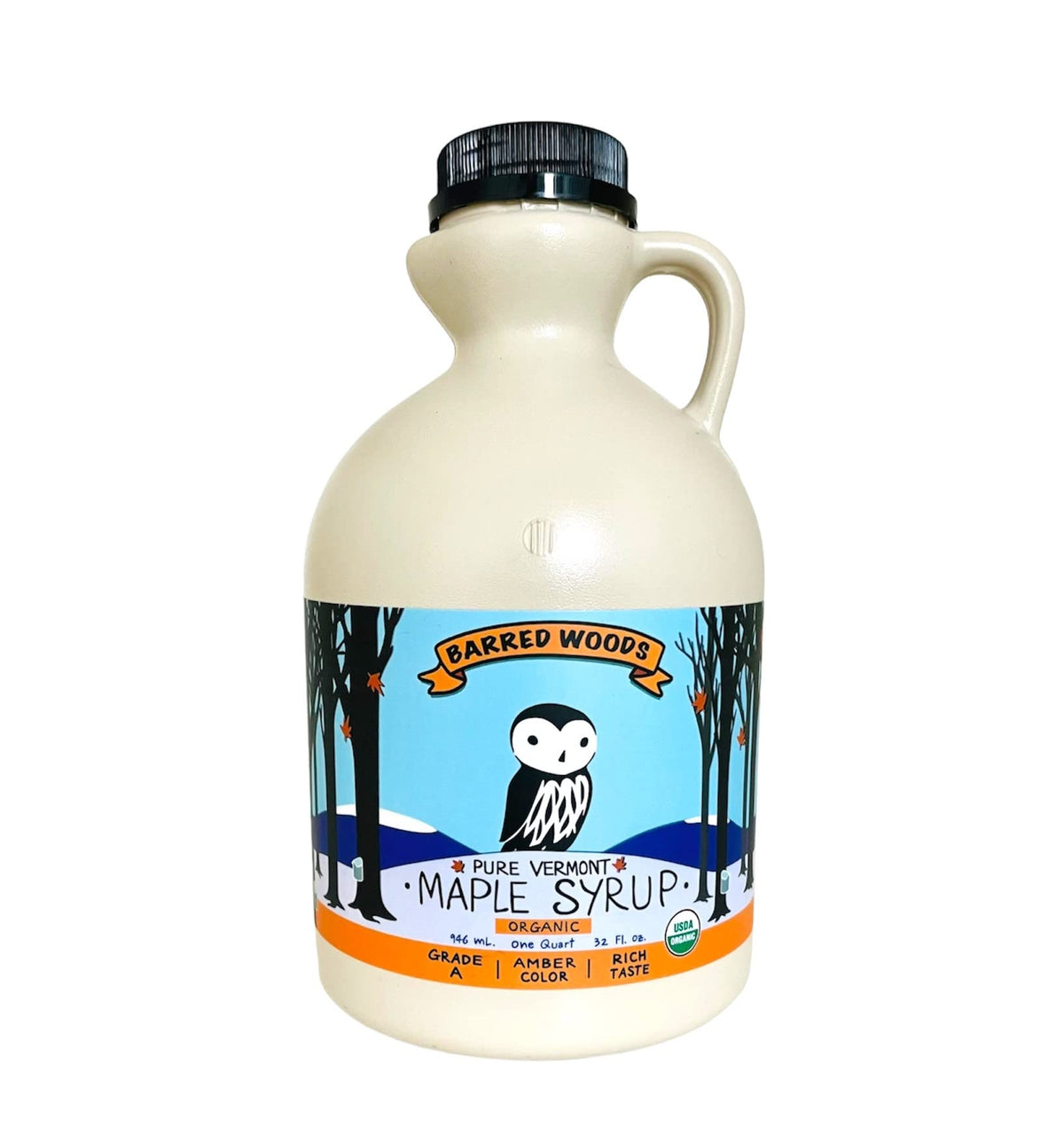 Barred Woods Organic Vermont Maple Syrup - Grade A Amber Rich, 32 oz Quart Jug
