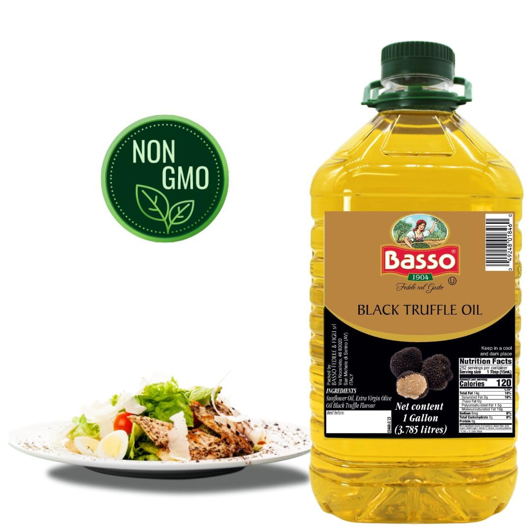 BASSO 1904 Black Truffle Infused Oil – Bulk 1 Gallon (3.785L) | Italian EVOO, Non-GMO, Expeller-Pressed