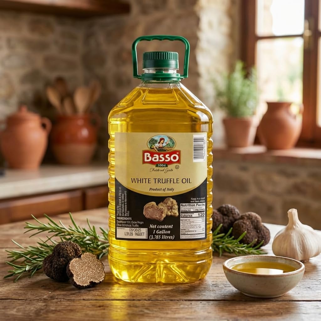 BASSO 1904 Black Truffle Infused Oil – Bulk 1 Gallon (3.785L) | Italian EVOO, Non-GMO, Expeller-Pressed