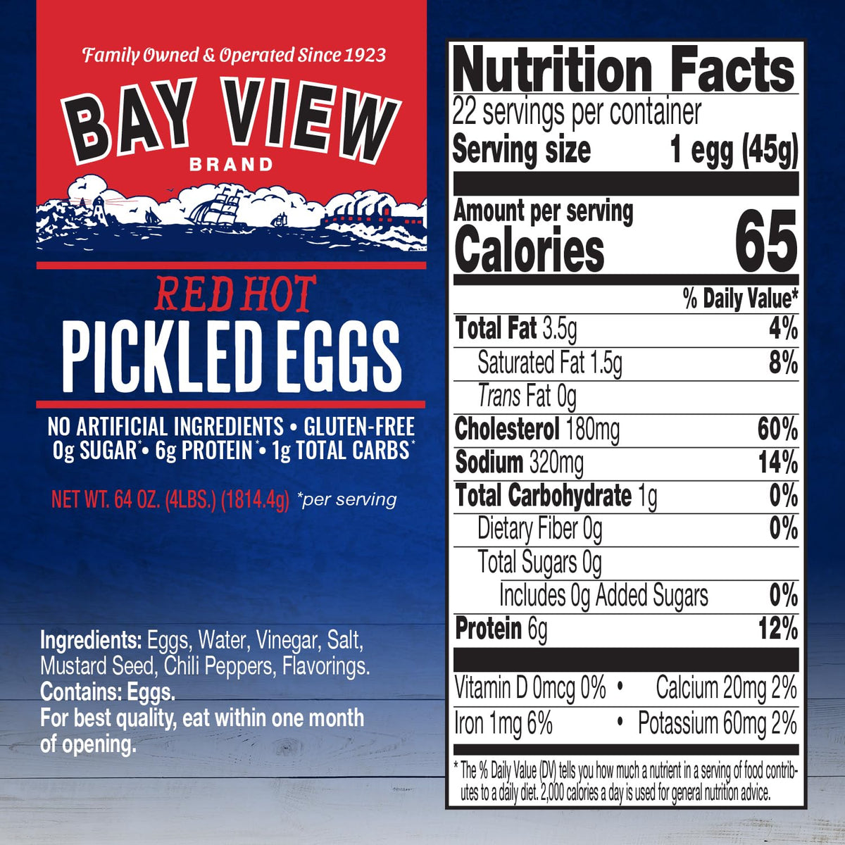 Bay View Brand Pickled Eggs – No Artificial Ingredients, Gluten-Free, 0g Sugar, 6g Protein (64oz, Red Hot)