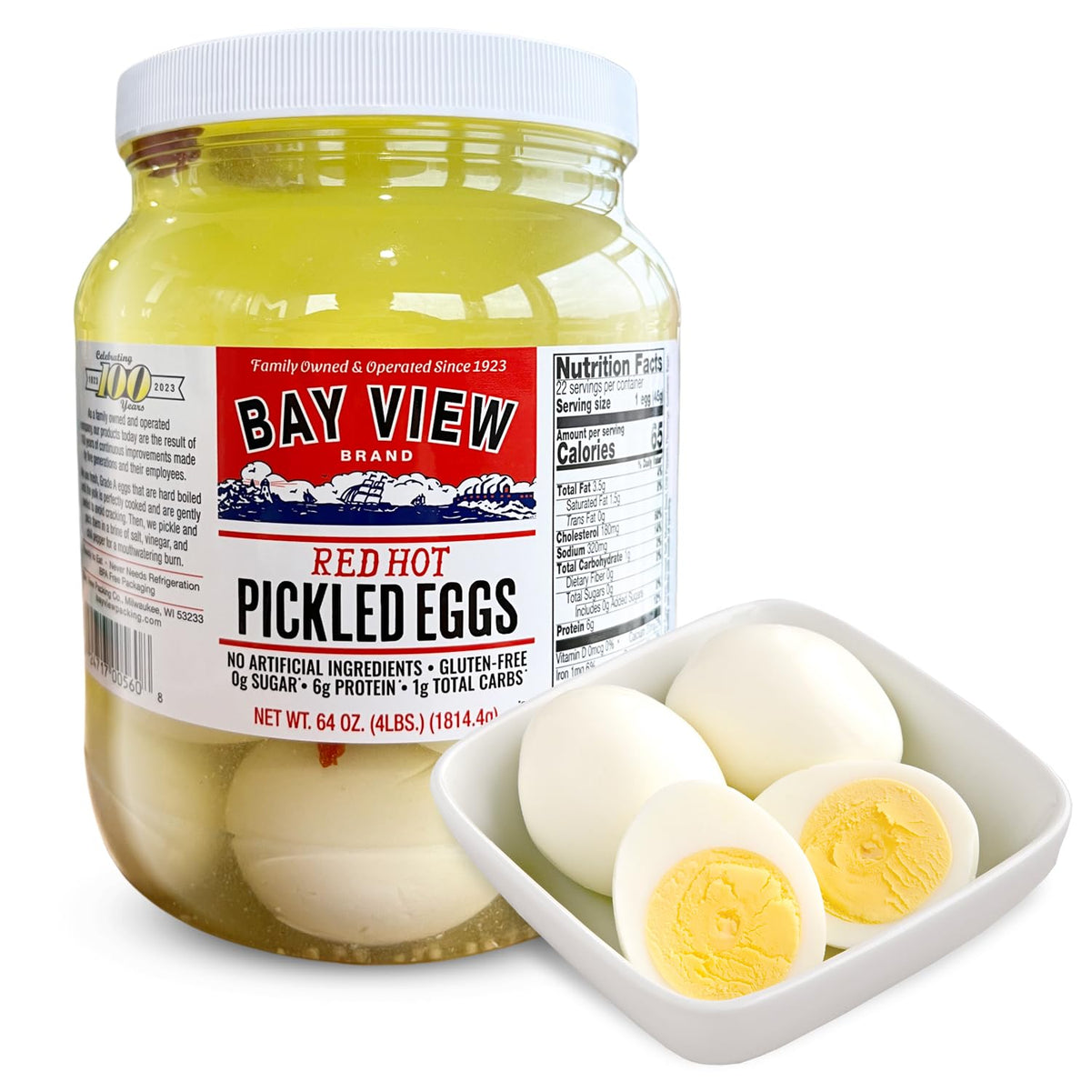 Bay View Brand Pickled Eggs – No Artificial Ingredients, Gluten-Free, 0g Sugar, 6g Protein (64oz, Red Hot)