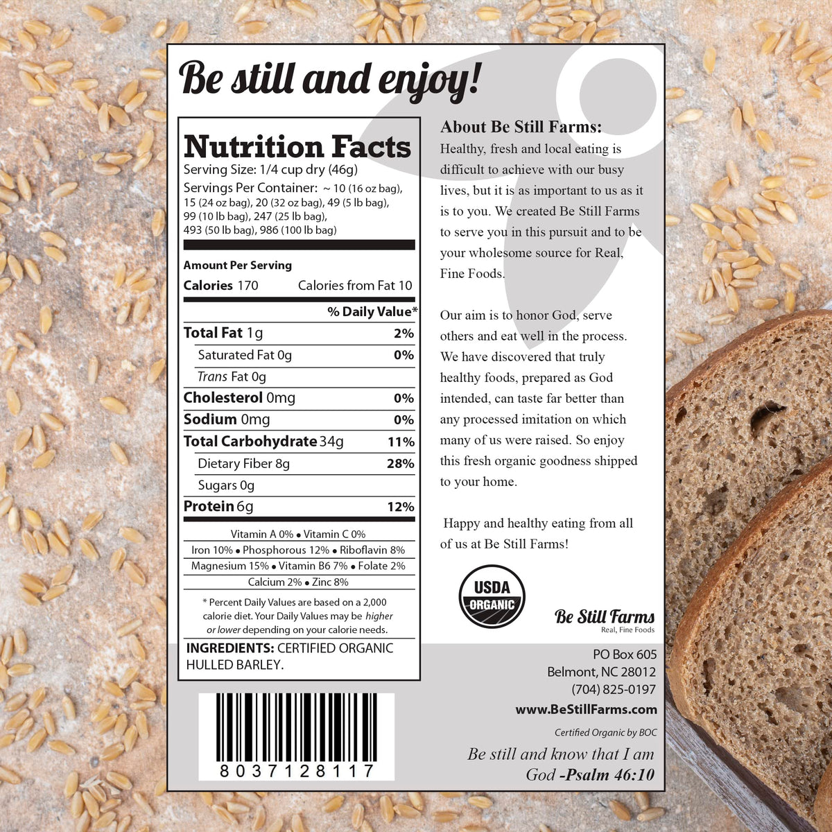 Be Still Farms Organic Hulled Barley Grain (4.8lb) – High-Fiber Whole Barley Groats