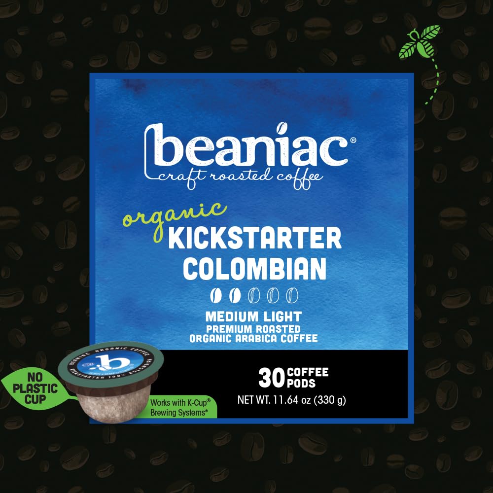 Beaniac Organic Kickstarter Colombian Coffee Pods – Medium-Light Roast, Compostable K-Cups, Keurig Compatible (30 Count)