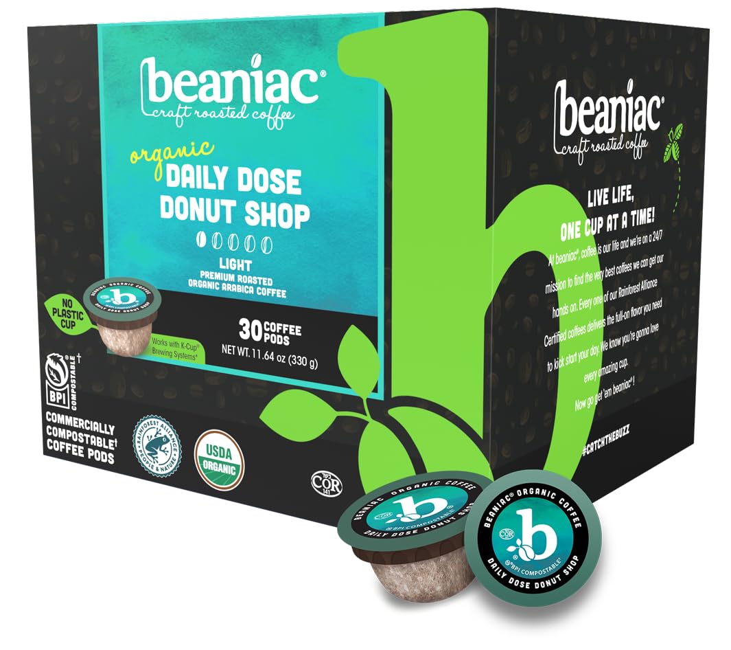 beaniac Organic Daily Dose Donut Shop Coffee Pods — Light Roast, Compostable K-Cups