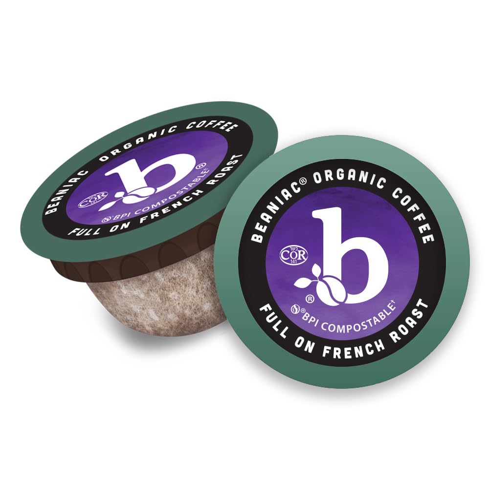 Beaniac Organic Full On French Roast K-Cup Pods – Dark Roast, Compostable, Keurig Compatible, 30 Count