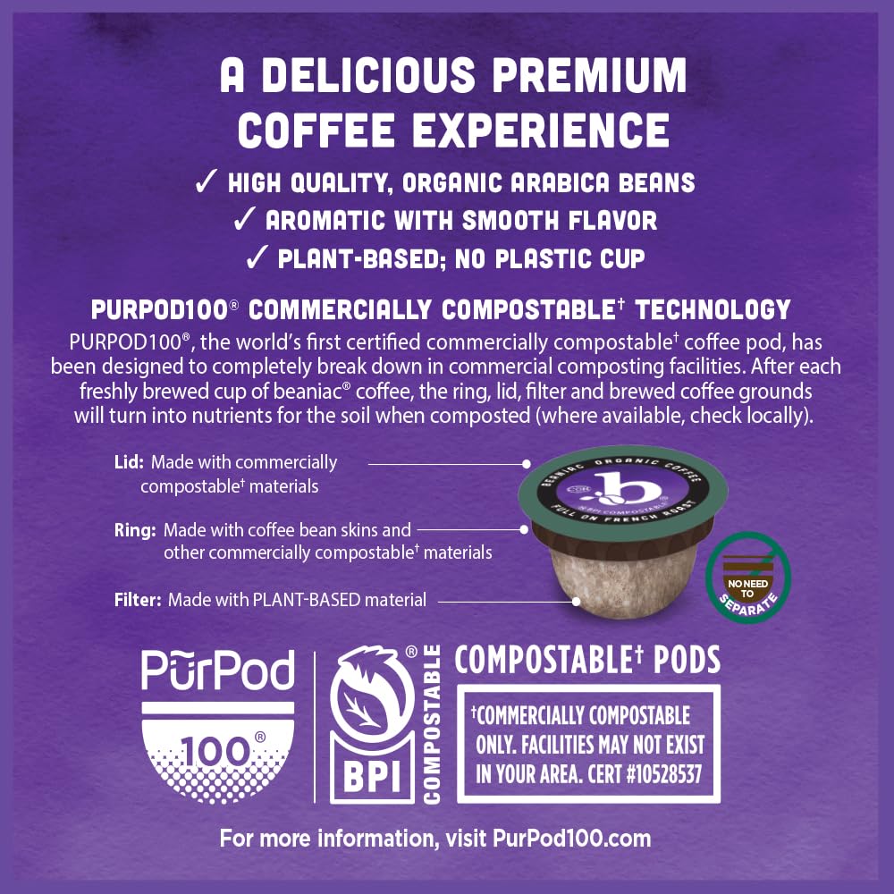 Beaniac Organic Full On French Roast K-Cup Pods – Dark Roast, Compostable, Keurig Compatible, 30 Count