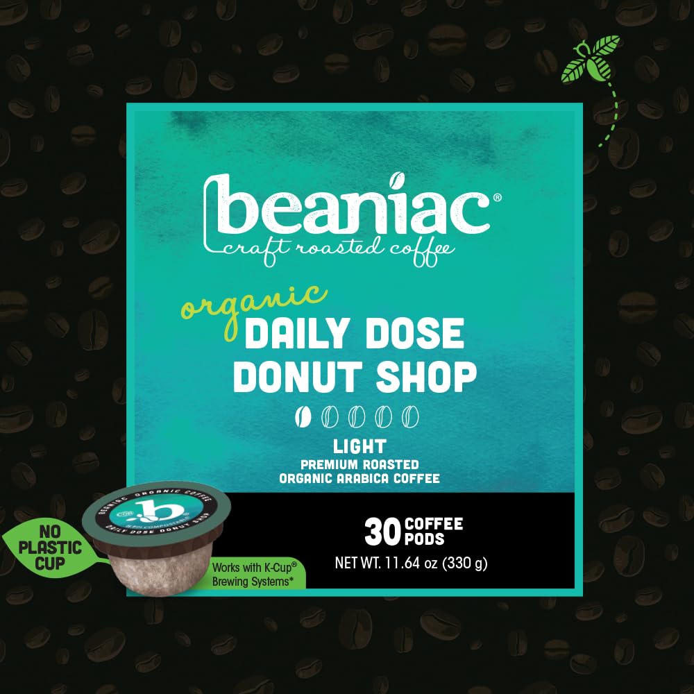 beaniac Organic Daily Dose Donut Shop Coffee Pods — Light Roast, Compostable K-Cups