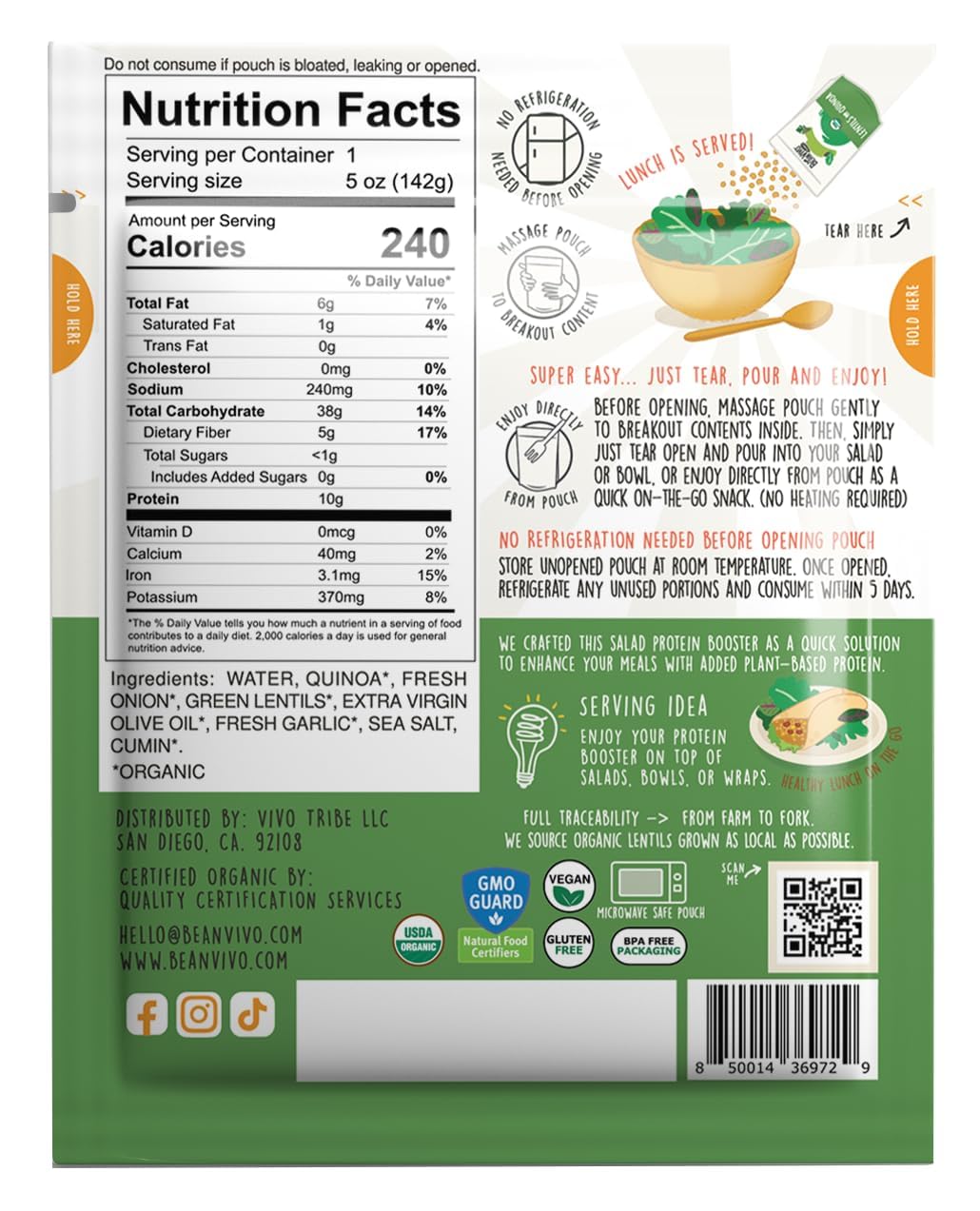 BeanVIVO 6-Pack Salad Protein Booster – Organic Lentils & Quinoa, 10g Plant Protein per 5oz pouch