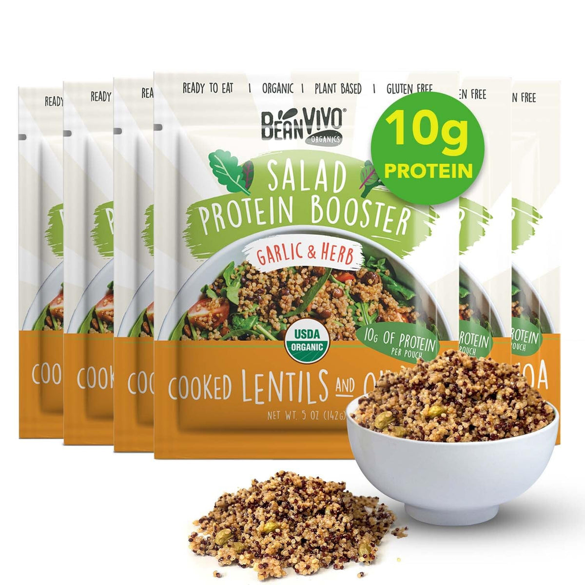 BeanVIVO 6-Pack Salad Protein Booster - Organic Lentils & Quinoa with Garlic & Herbs, 10g Protein per Pouch, 5oz