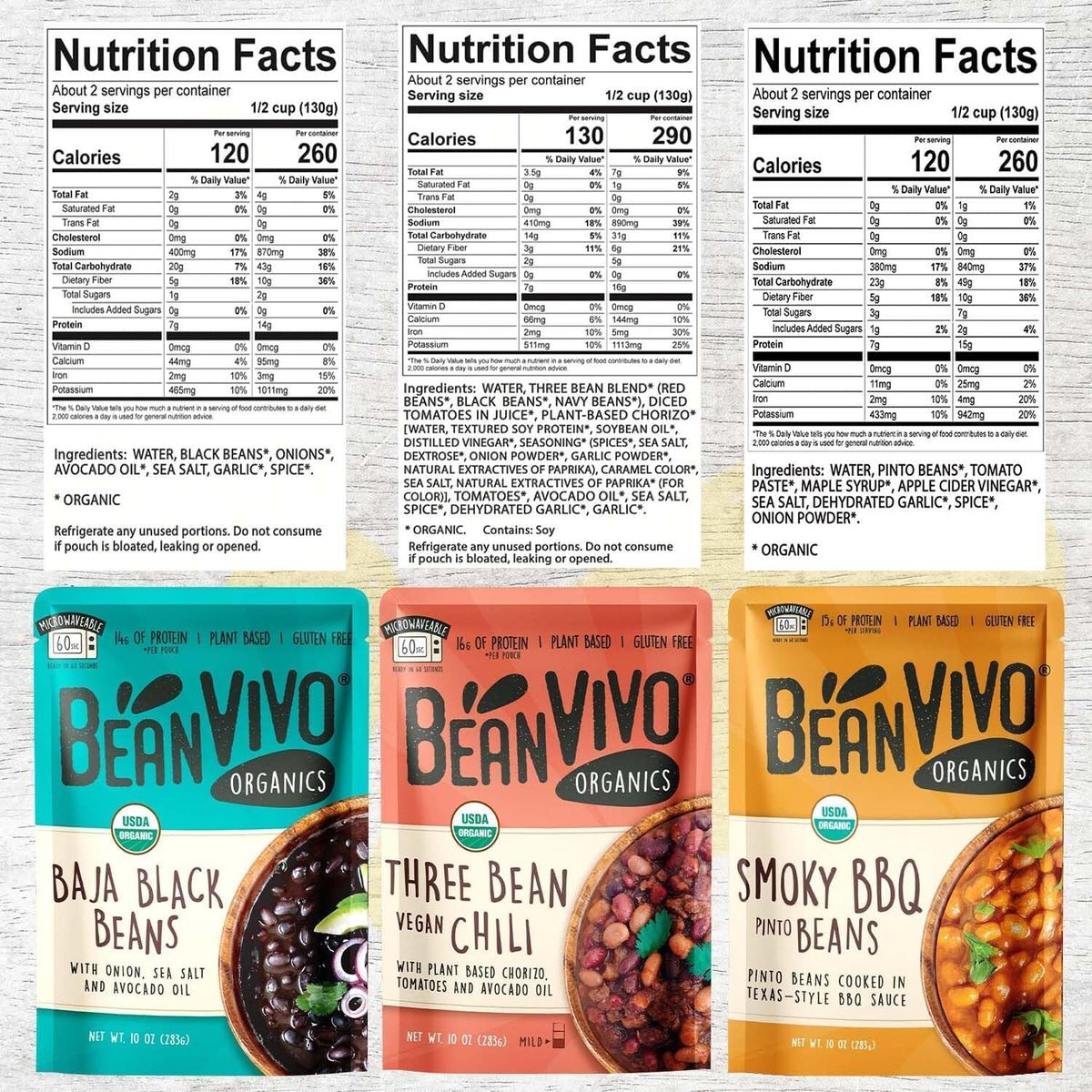 BeanVIVO Variety 6 Pack – Organic Baja Black Beans, Three Bean Vegan Chili & BBQ Pinto Beans