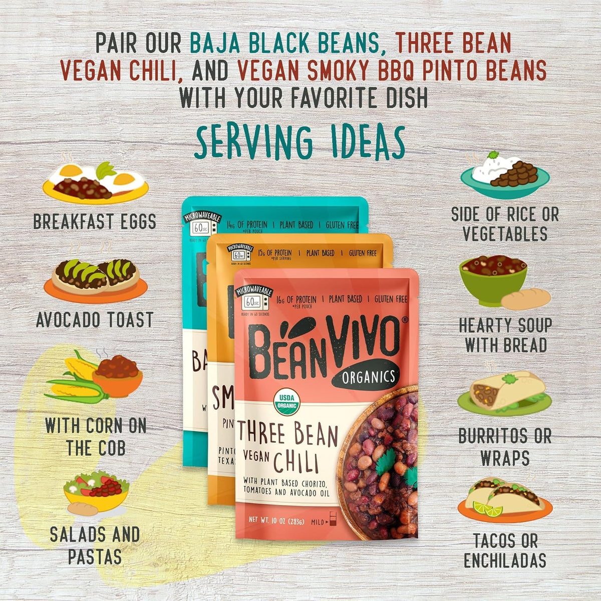 BeanVIVO Variety 6 Pack – Organic Baja Black Beans, Three Bean Vegan Chili & BBQ Pinto Beans