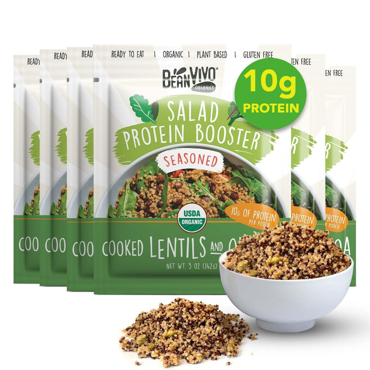 BeanVIVO 6-Pack Salad Protein Booster – Organic Lentils & Quinoa, 10g Plant Protein per 5oz pouch