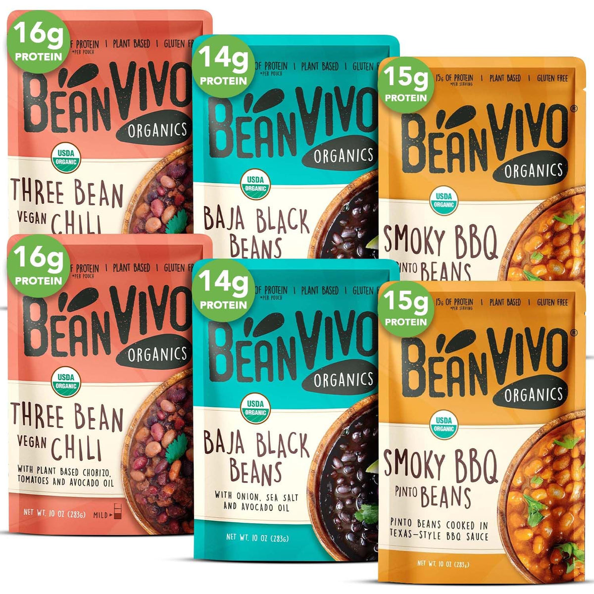 BeanVIVO Variety 6 Pack – Organic Baja Black Beans, Three Bean Vegan Chili & BBQ Pinto Beans