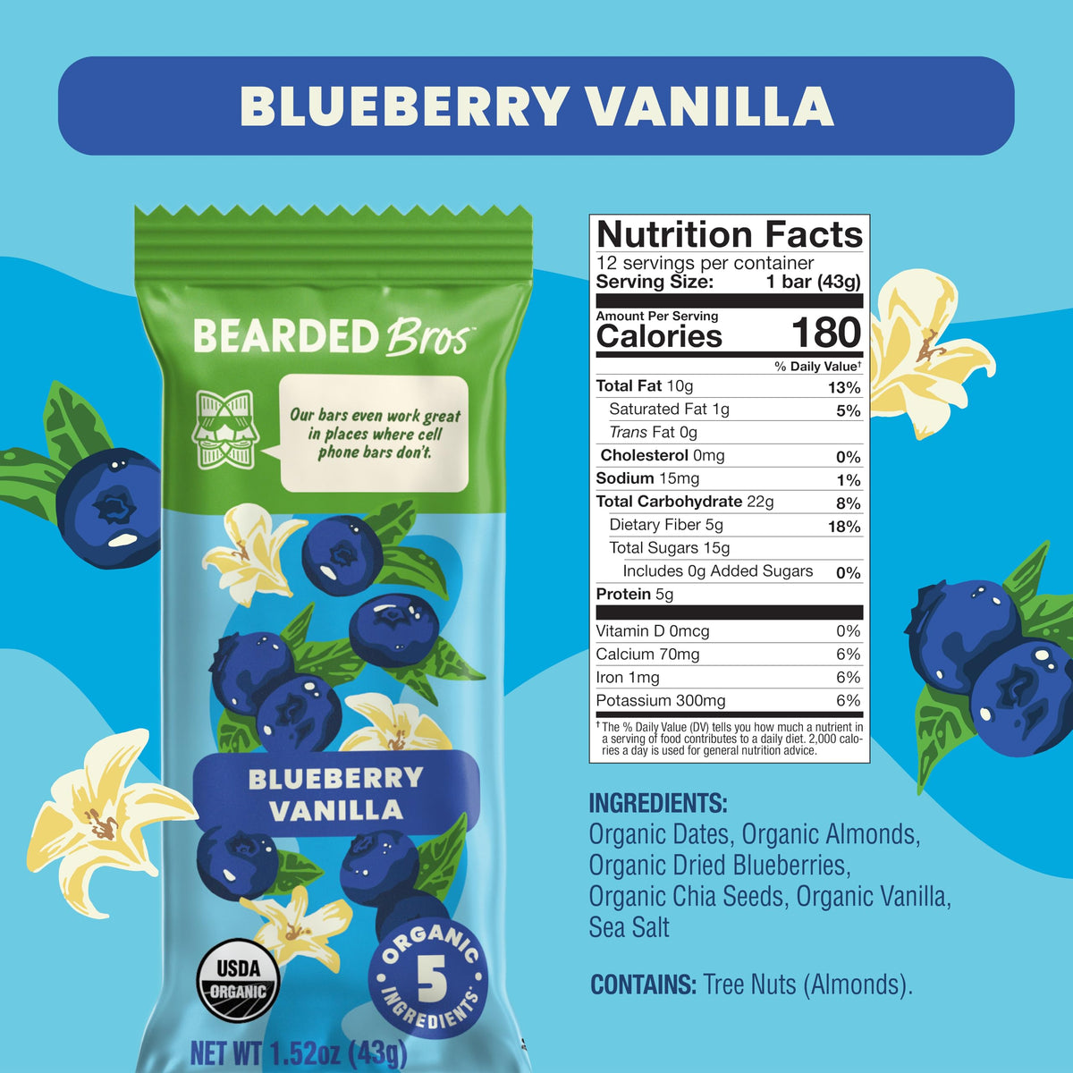 Bearded Brothers Organic Vegan Energy Bars – Blueberry Vanilla | Gluten & Soy Free, Paleo, Whole30, Non-GMO