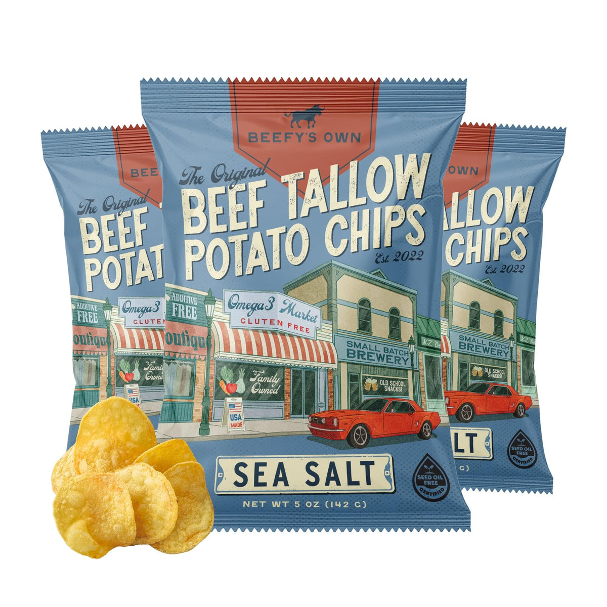 Beefy's Own Beef Tallow Potato Chips – Gluten Free, Seed-Oil Free Thick-Cut Kettle Chips (Pack of 3, 5 oz)