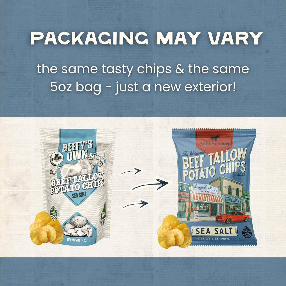 Beefy's Own Beef Tallow Potato Chips – Gluten Free, Seed-Oil Free Thick-Cut Kettle Chips (Pack of 3, 5 oz)