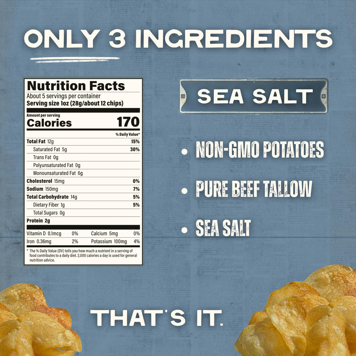 Beefy's Own Beef Tallow Potato Chips – Gluten Free, Seed-Oil Free Thick-Cut Kettle Chips (Pack of 3, 5 oz)