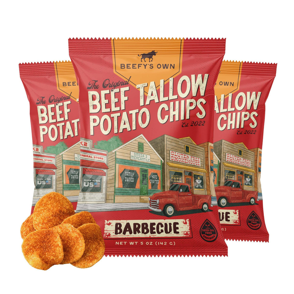 Beefy’s Own Beef Tallow Potato Chips – Gluten-Free Thick-Cut Kettle Chips (Barbecue, 3 x 5 oz)