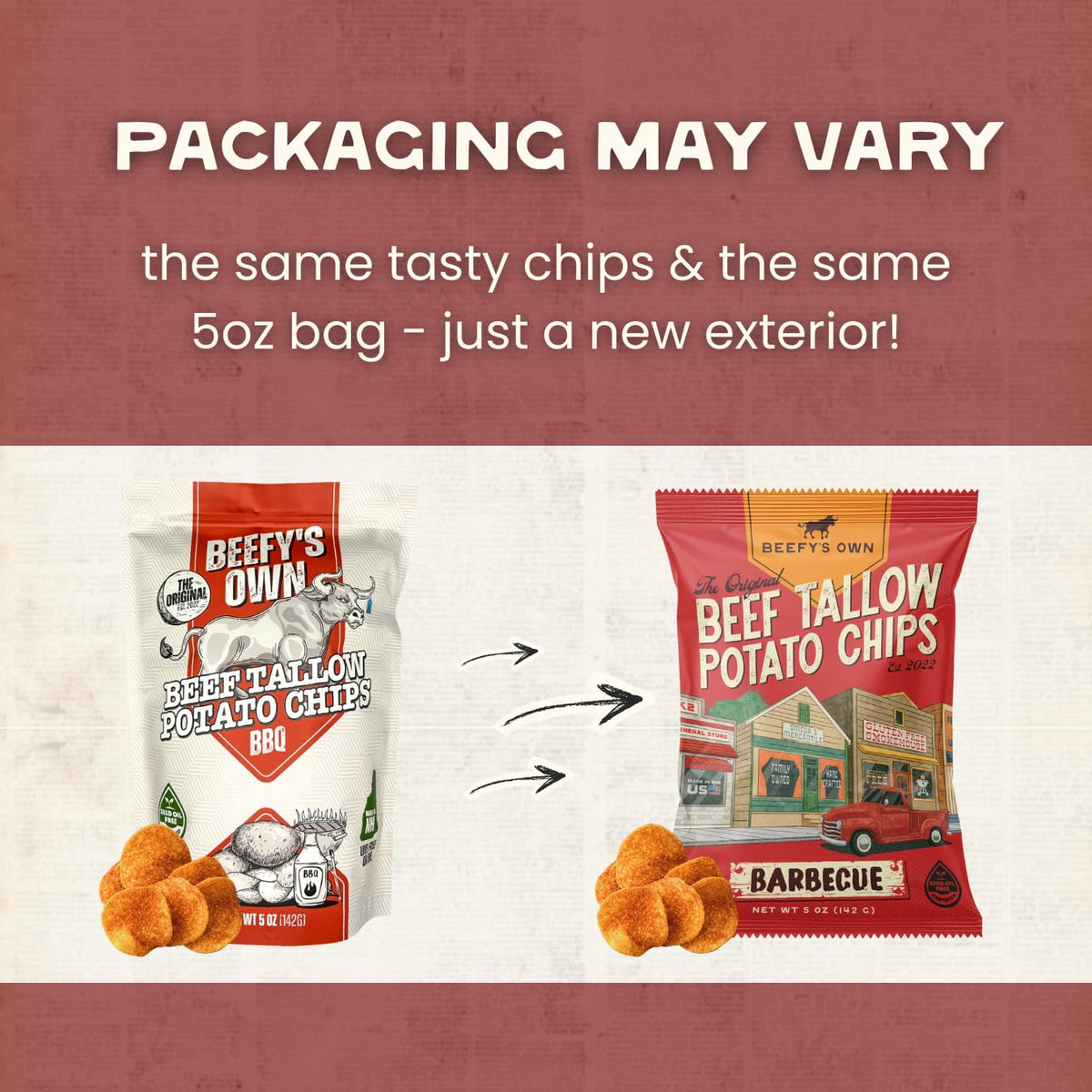 Beefy’s Own Beef Tallow Potato Chips – Gluten-Free Thick-Cut Kettle Chips (Barbecue, 3 x 5 oz)
