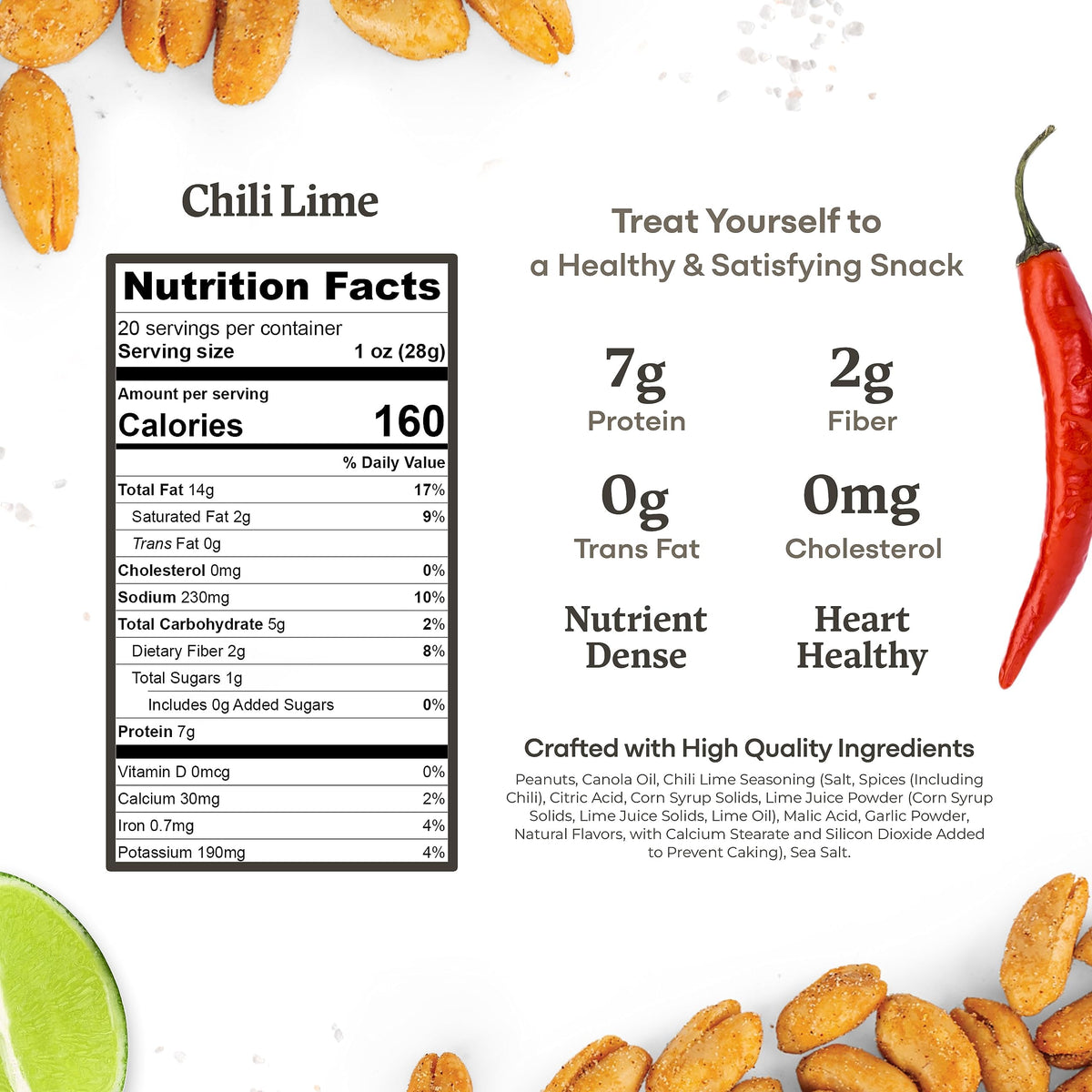 Belmont Peanuts Gourmet Chili Lime Virginia Peanuts, 20 oz – Simple Ingredients, No Preservatives, 7g Protein – Hand Seasoned, Crunchy, Citrusy, Spicy Snack