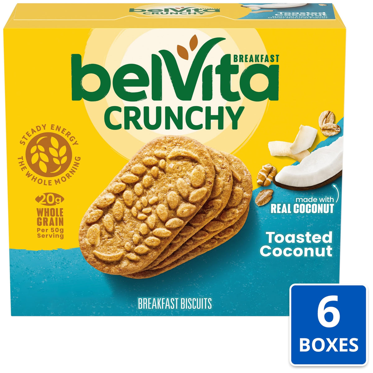belVita Toasted Coconut Breakfast Bars – 30 Packs, 6 Boxes | 4 Biscuits/Pack