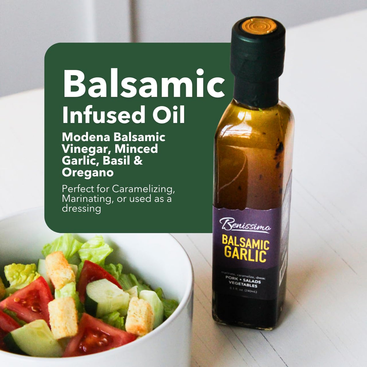 Benissimo Herb Infused Cooking Oil Chef Pack – 4 Artisan Flavored Oils (8.1 oz each): Italiano, Roasted Garlic, Mediterranean Garlic & Balsamic Garlic