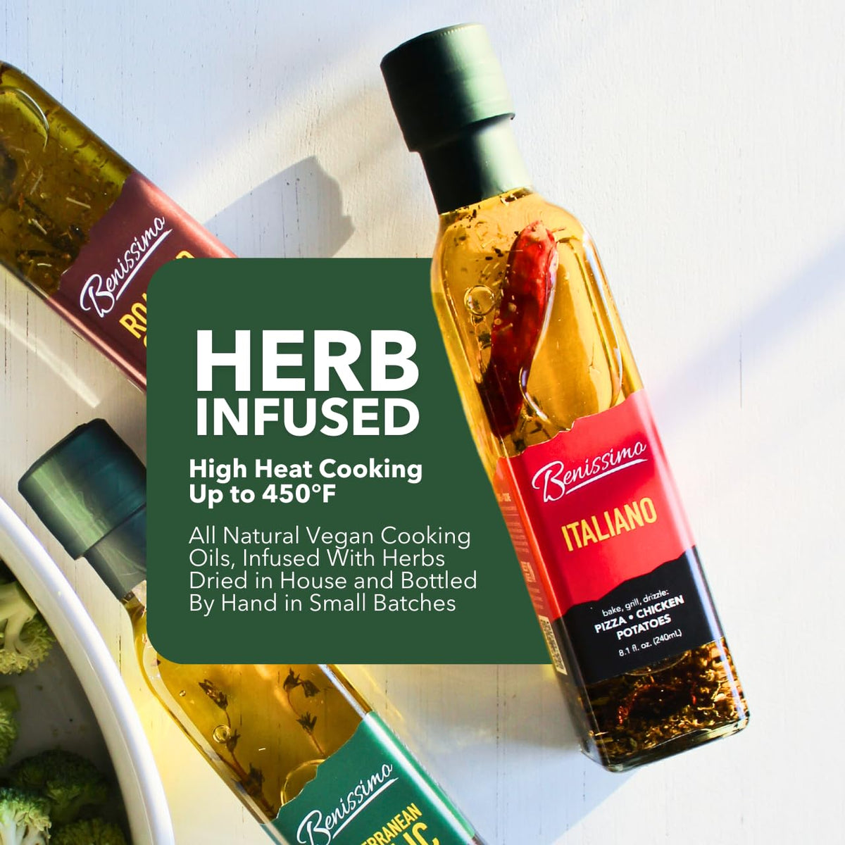 Benissimo Herb Infused Cooking Oil Chef Pack – 4 Artisan Flavored Oils (8.1 oz each): Italiano, Roasted Garlic, Mediterranean Garlic & Balsamic Garlic
