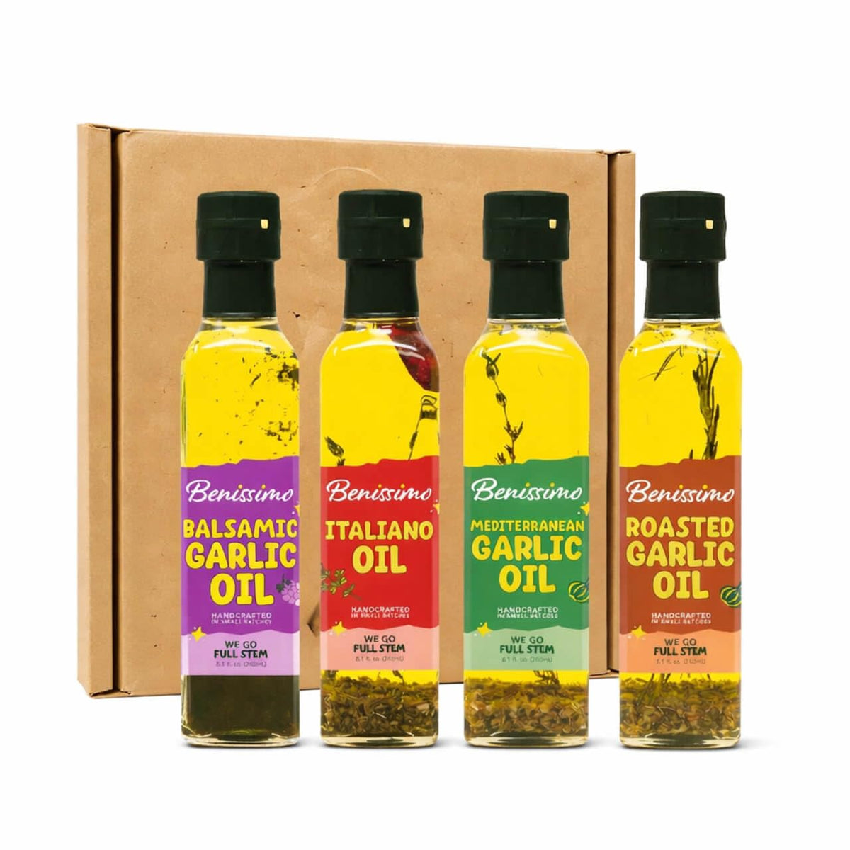 Benissimo Herb Infused Cooking Oil Chef Pack – 4 Artisan Flavored Oils (8.1 oz each): Italiano, Roasted Garlic, Mediterranean Garlic & Balsamic Garlic