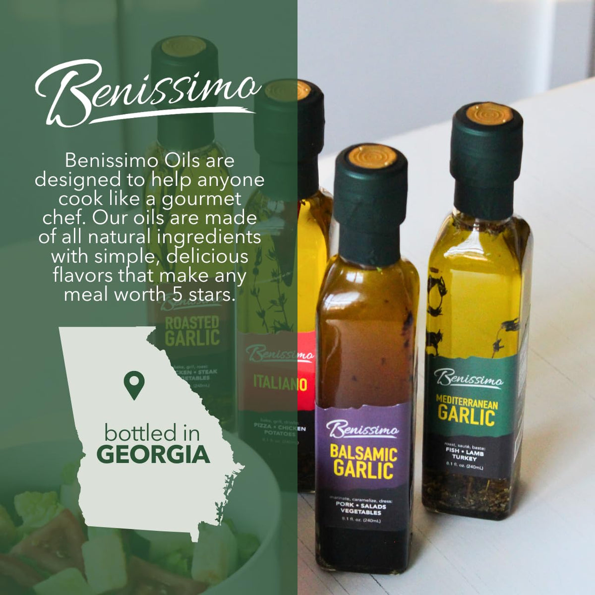 Benissimo Herb Infused Cooking Oil Chef Pack – 4 Artisan Flavored Oils (8.1 oz each): Italiano, Roasted Garlic, Mediterranean Garlic & Balsamic Garlic