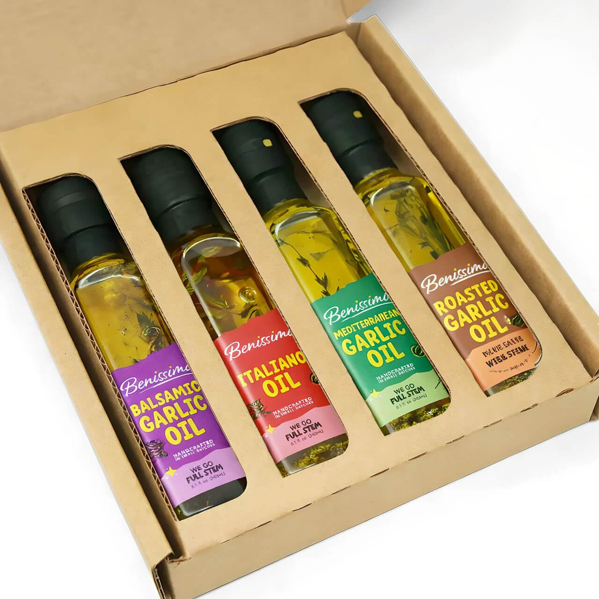 Benissimo Herb Infused Cooking Oil Chef Pack – 4 Artisan Flavored Oils (8.1 oz each): Italiano, Roasted Garlic, Mediterranean Garlic & Balsamic Garlic