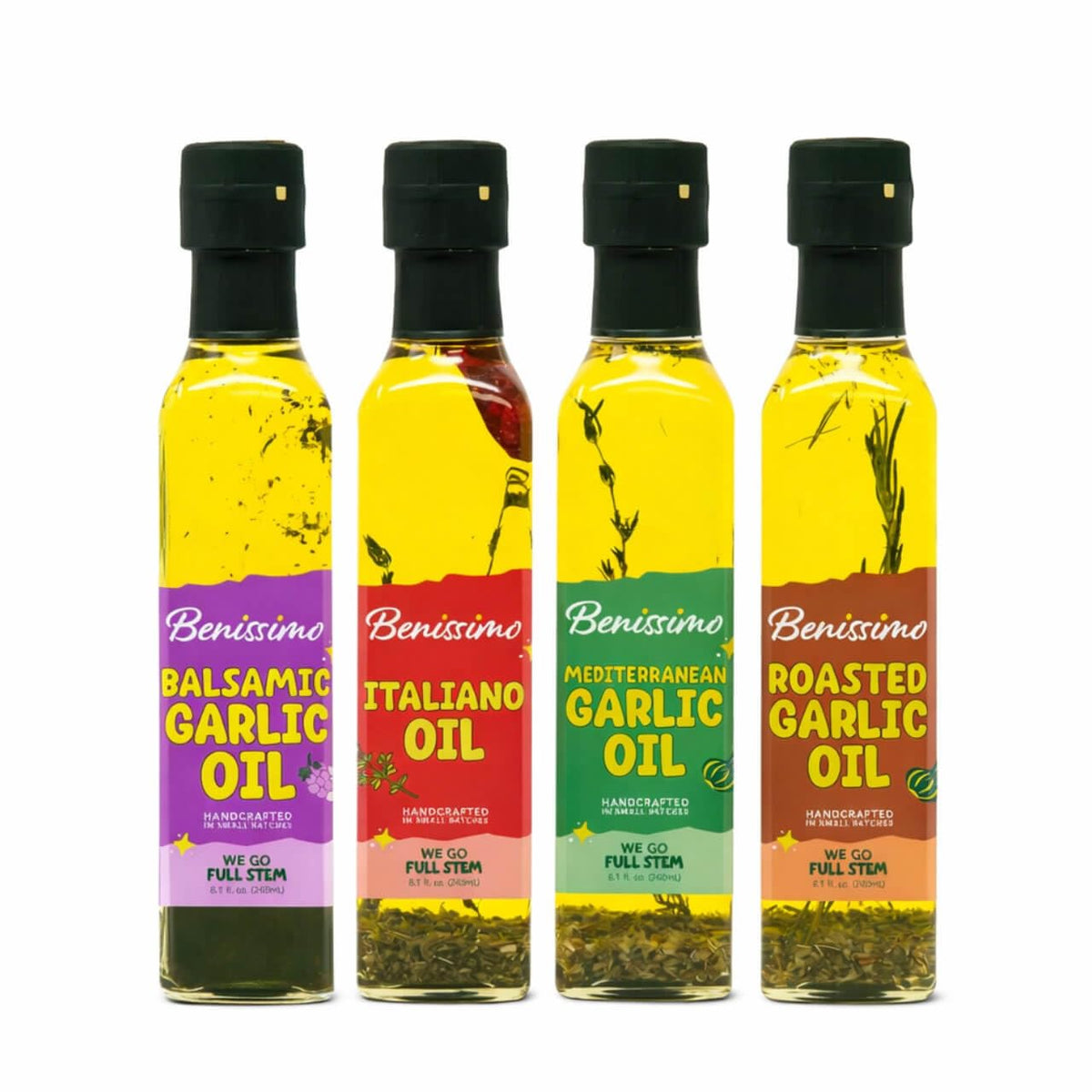 Benissimo Herb Infused Cooking Oil Chef Pack – 4 Artisan Flavored Oils (8.1 oz each): Italiano, Roasted Garlic, Mediterranean Garlic & Balsamic Garlic