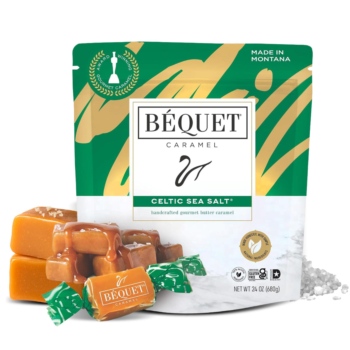 Béquet Celtic Sea Salt Caramels – Soft Gluten-Free Kosher Gourmet Caramel in 24 oz Resealable Pouch