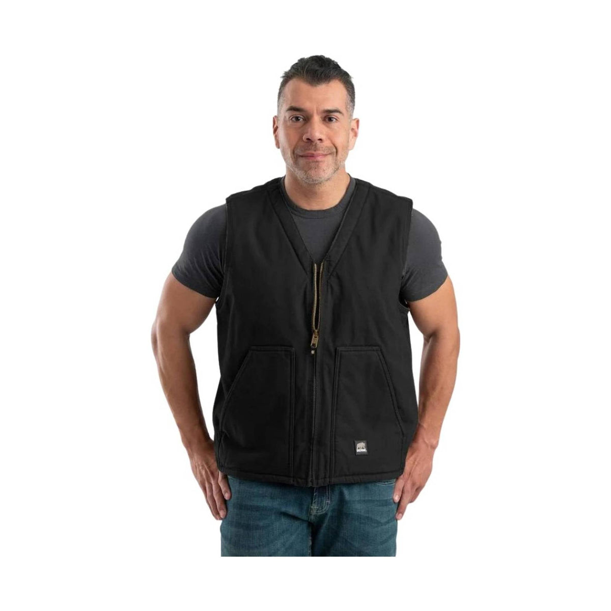 Berne Men's Heartland Sherpa-Lined Washed Duck V-Neck Vest - Black
