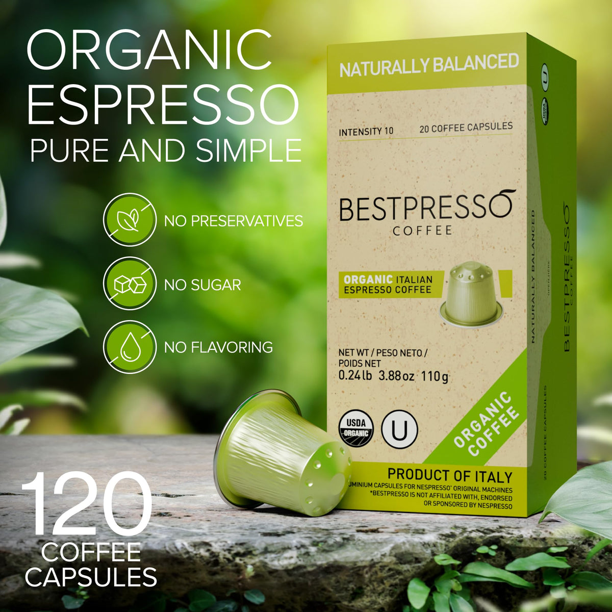 Bestpresso Organic USDA Coffee Pods for Nespresso Original Machines | 120 Pack, Naturally Balanced