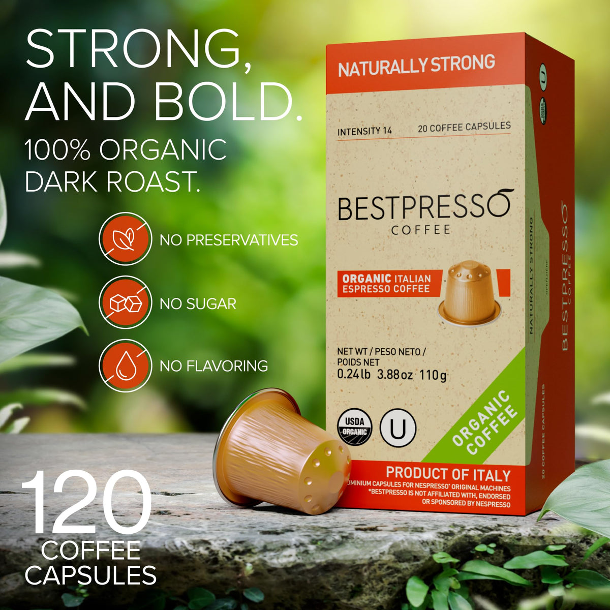Bestpresso Organic USDA Coffee Pods for Nespresso Original Machines – 120 Count, Naturally Strong