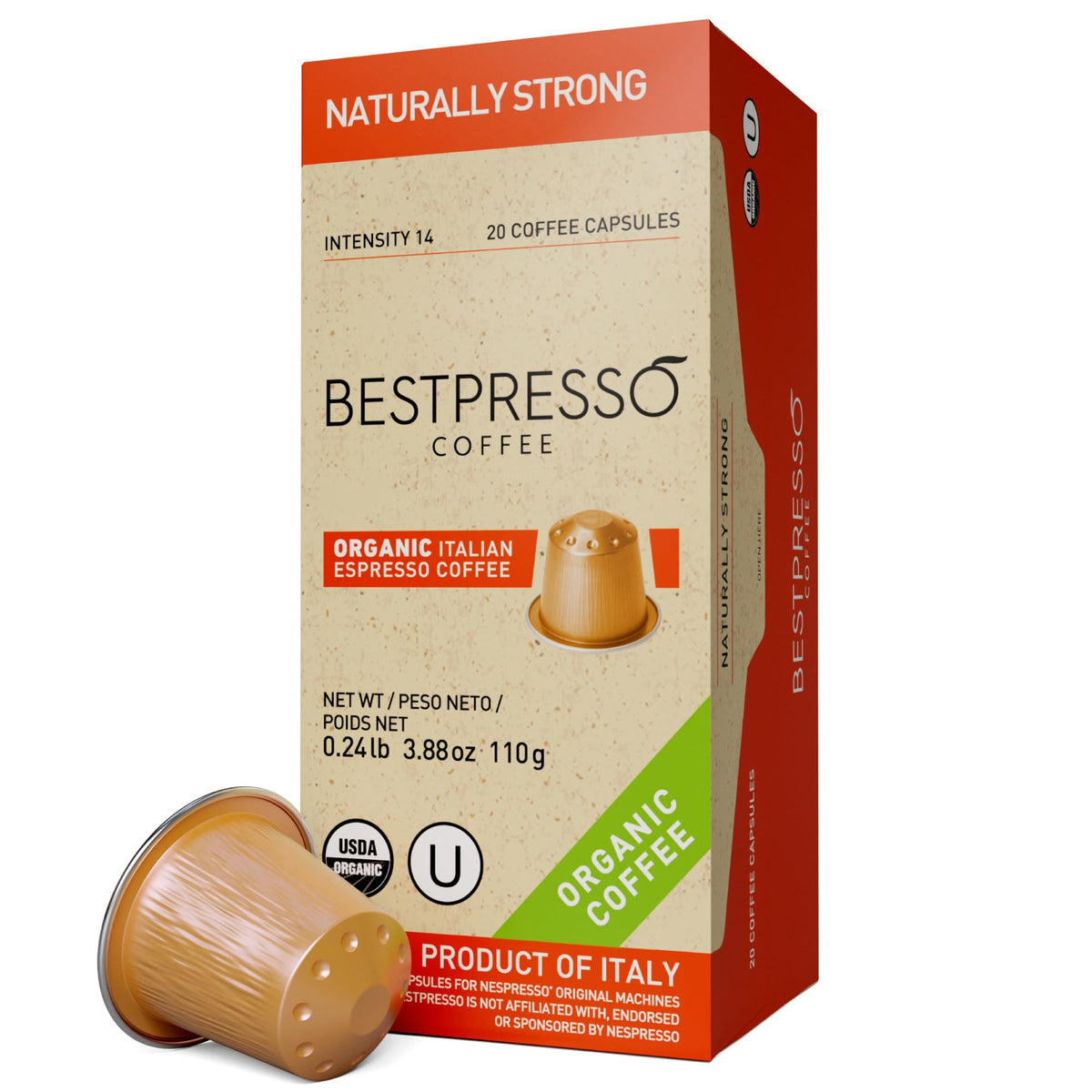 Bestpresso Organic USDA Coffee Pods for Nespresso Original Machines – 120 Count, Naturally Strong