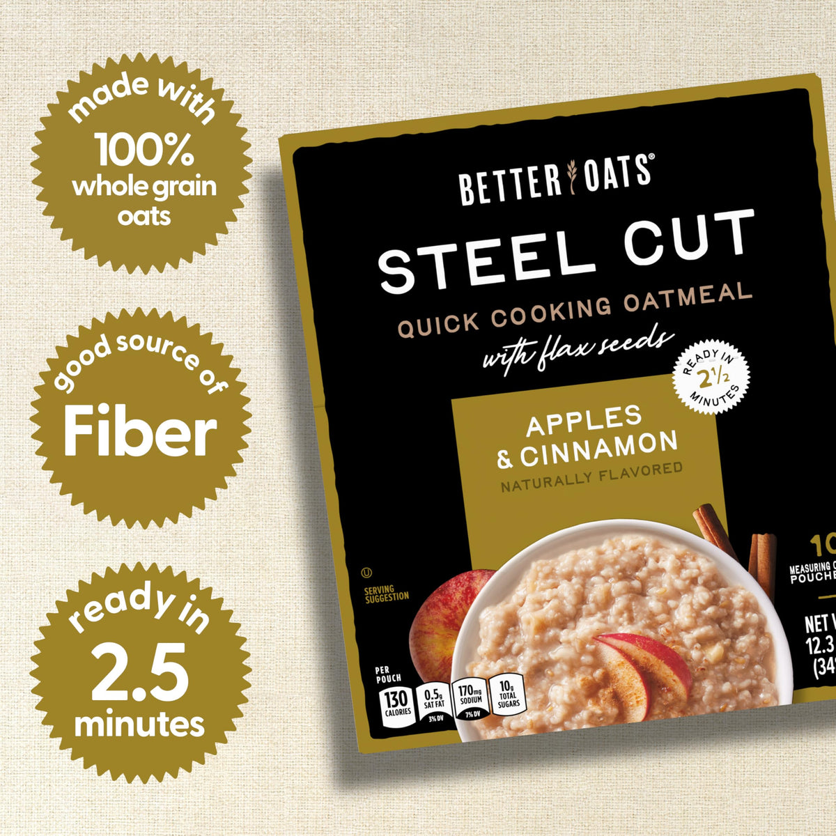 Better Oats Steel Cut Apples & Cinnamon Oatmeal Packets – Quick 2.5-Min Breakfast