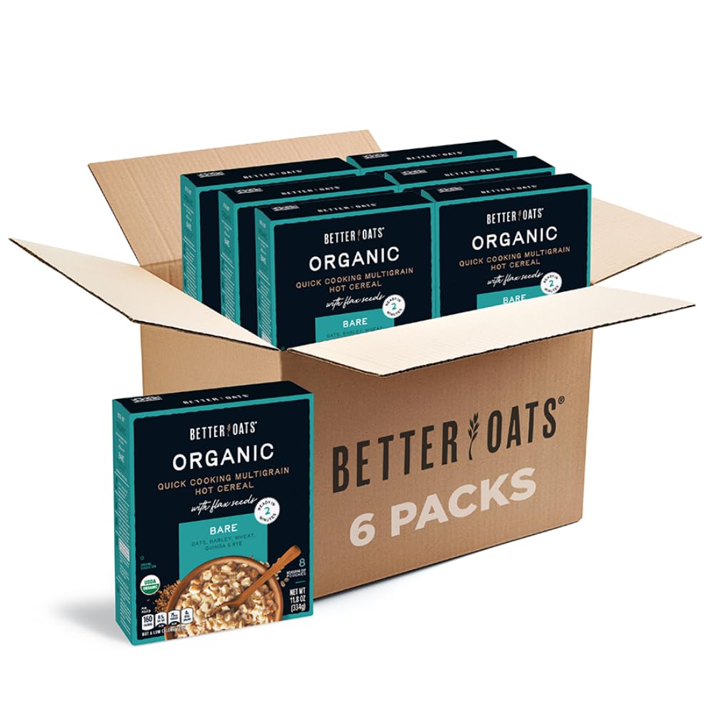 Better Oats Bare Organic Multigrain Hot Cereal Packets – Hearty Instant Oatmeal, USDA Organic, 6 Boxes of 8 Pouches